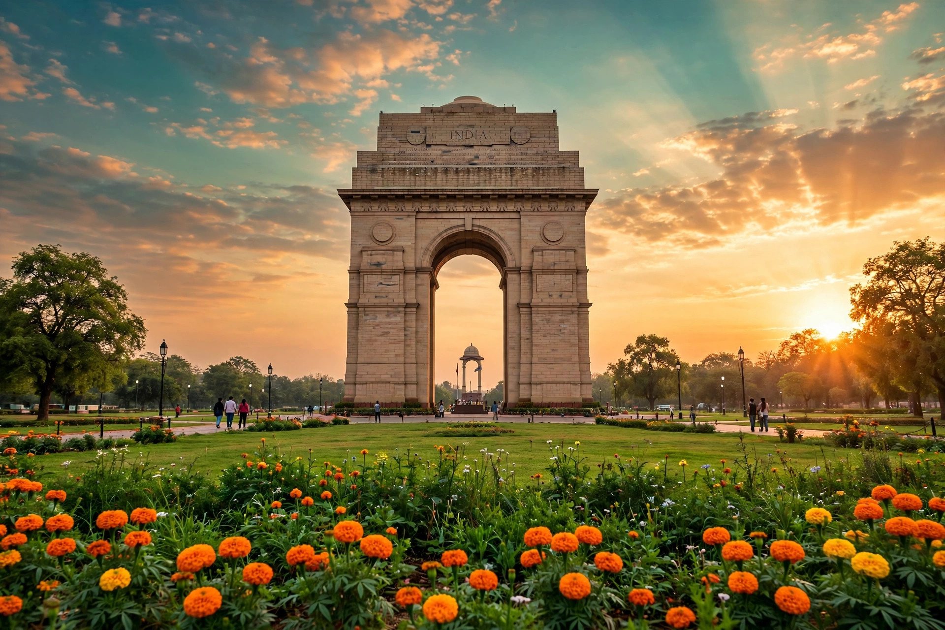 India Gate, New Delhi, at golden hour with marigold flowers in the foreground