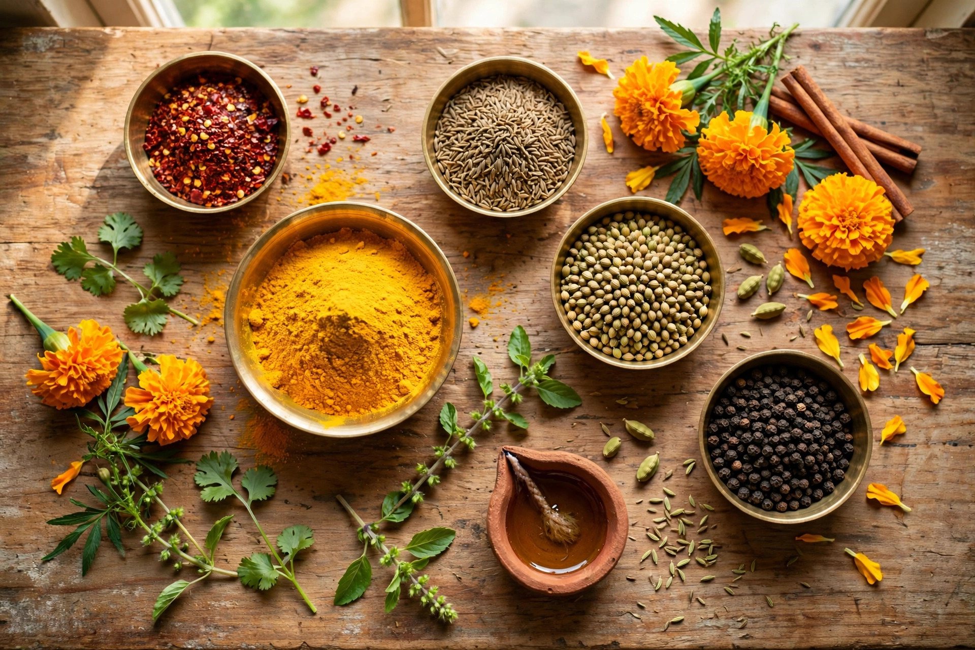 Traditional Indian wellness ingredients — turmeric, spices and marigold flowers in brass bowls